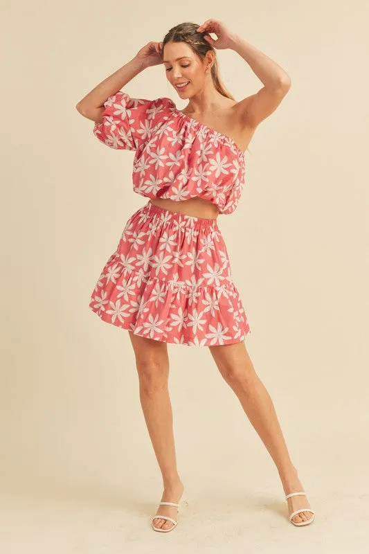 Pink Plumeria Floral One Shoulder Top And Skirt Set