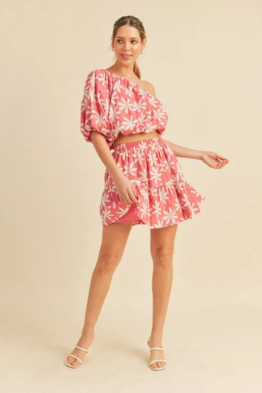 Pink Plumeria Floral One Shoulder Top And Skirt Set