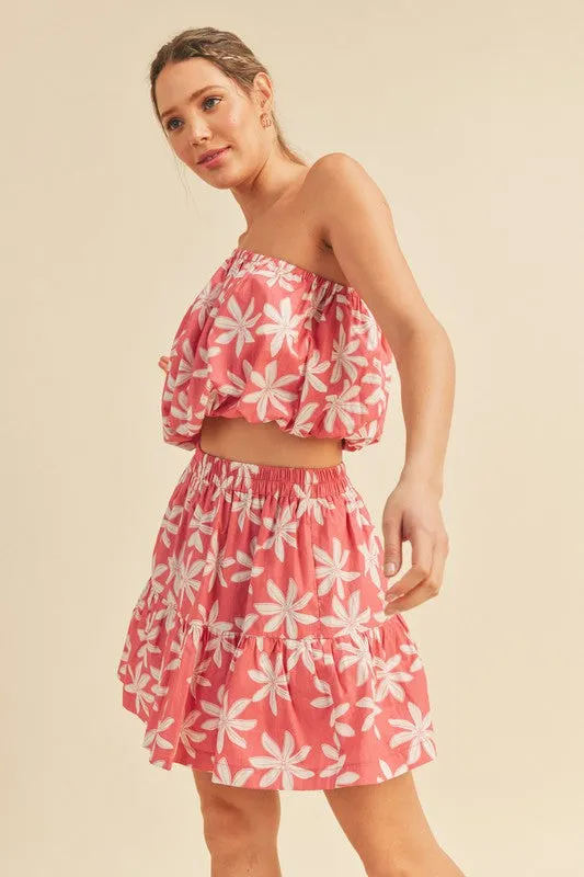 Pink Plumeria Floral One Shoulder Top And Skirt Set