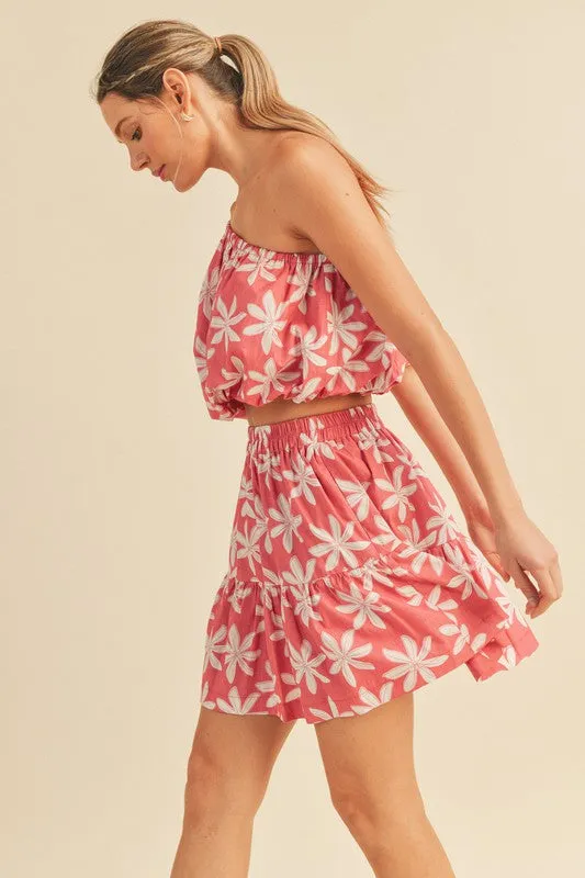 Pink Plumeria Floral One Shoulder Top And Skirt Set