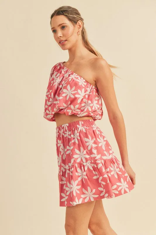 Pink Plumeria Floral One Shoulder Top And Skirt Set