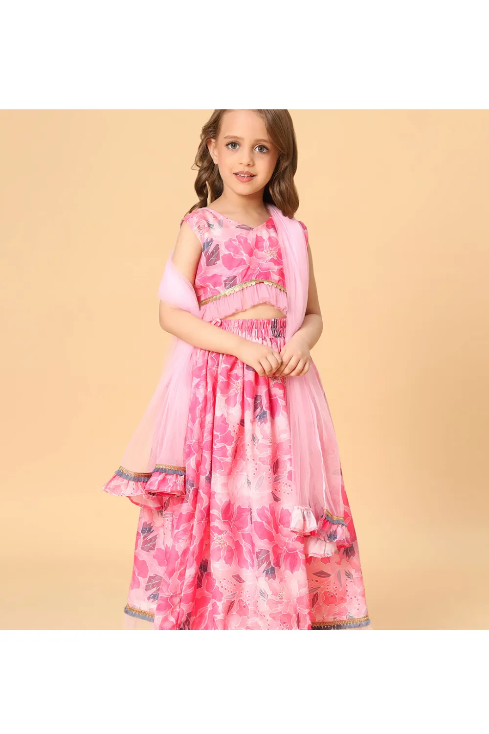 Pink Printed Embellished Top And Lehenga With Net Dupatta Set