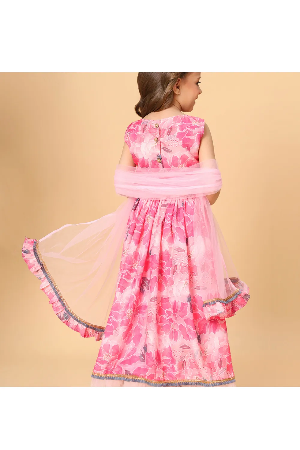 Pink Printed Embellished Top And Lehenga With Net Dupatta Set