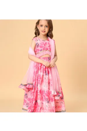 Pink Printed Embellished Top And Lehenga With Net Dupatta Set