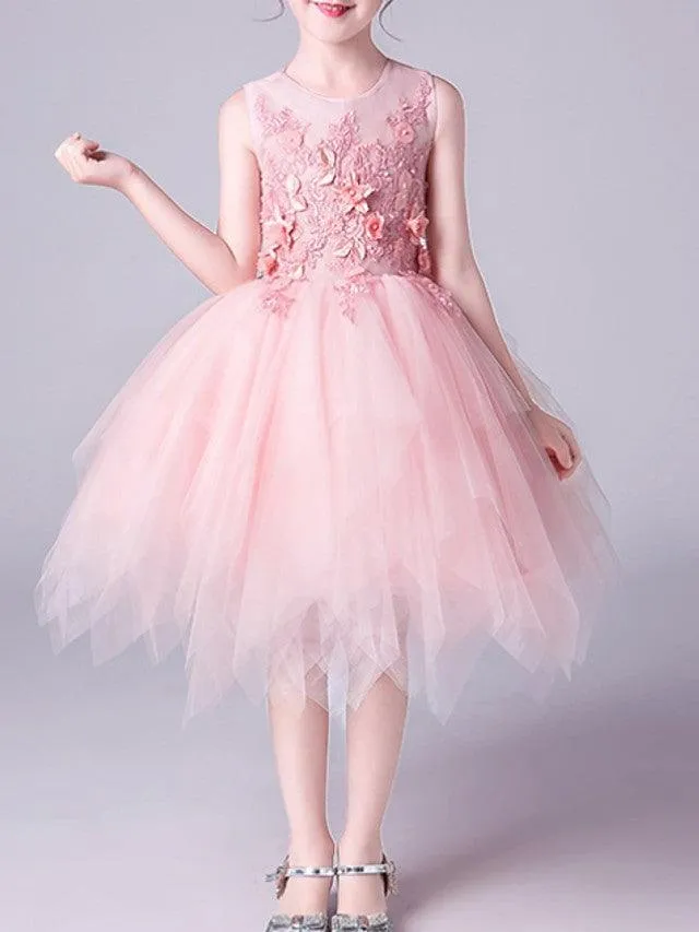 Pink Short A-Line Tulle Jewel Neck Pageant Flower Girl Dresses