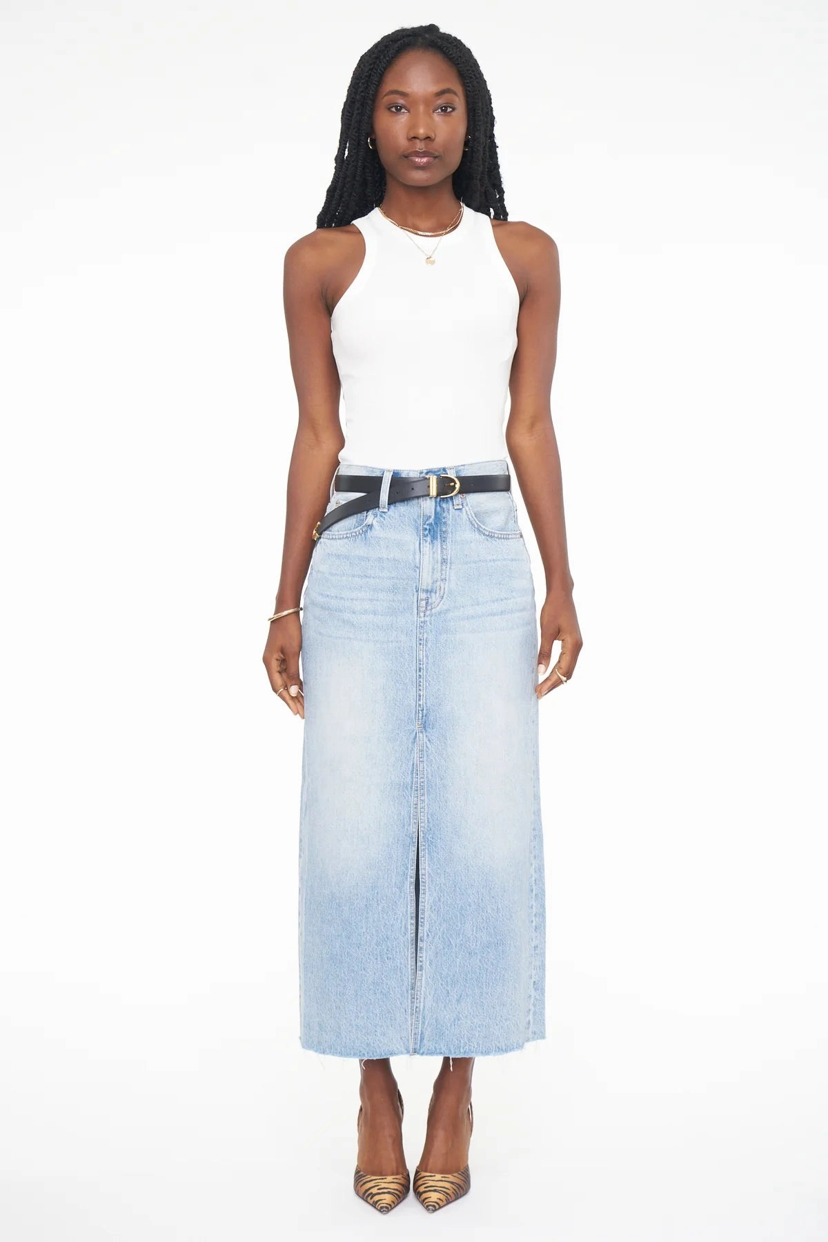 Festival Outfit Minimalist Style Shopping Day Vibrant Office Wear Pistola Alice Midi Denim Skirt - Brooklyn