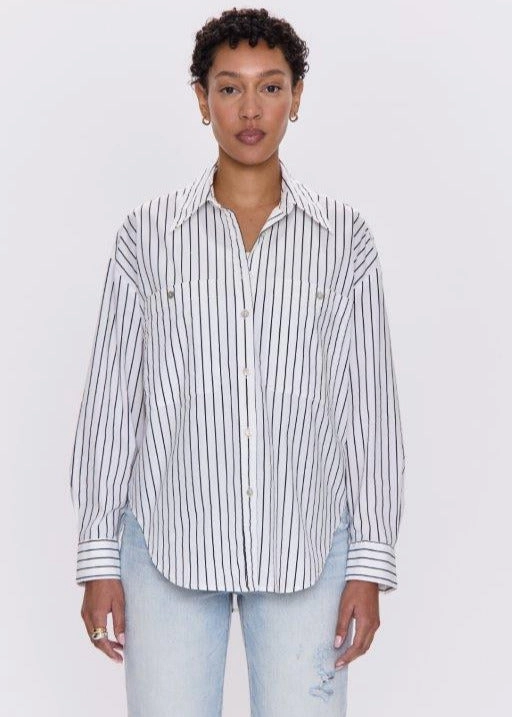 Spring Mood Office Wear Minimalist Spring Mood Party Look Classic Pistola Samantha Oversized Button Up Shirt -Noir Le Blanc Stripe