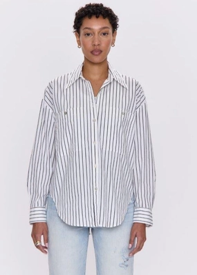 Pistola Samantha Oversized Button Up Shirt -Noir Le Blanc Stripe Relaxed Core Reinforced Belt Loops Tapered Leg Profile Pistola Samantha Oversized Button Up Shirt -Noir Le Blanc Stripe