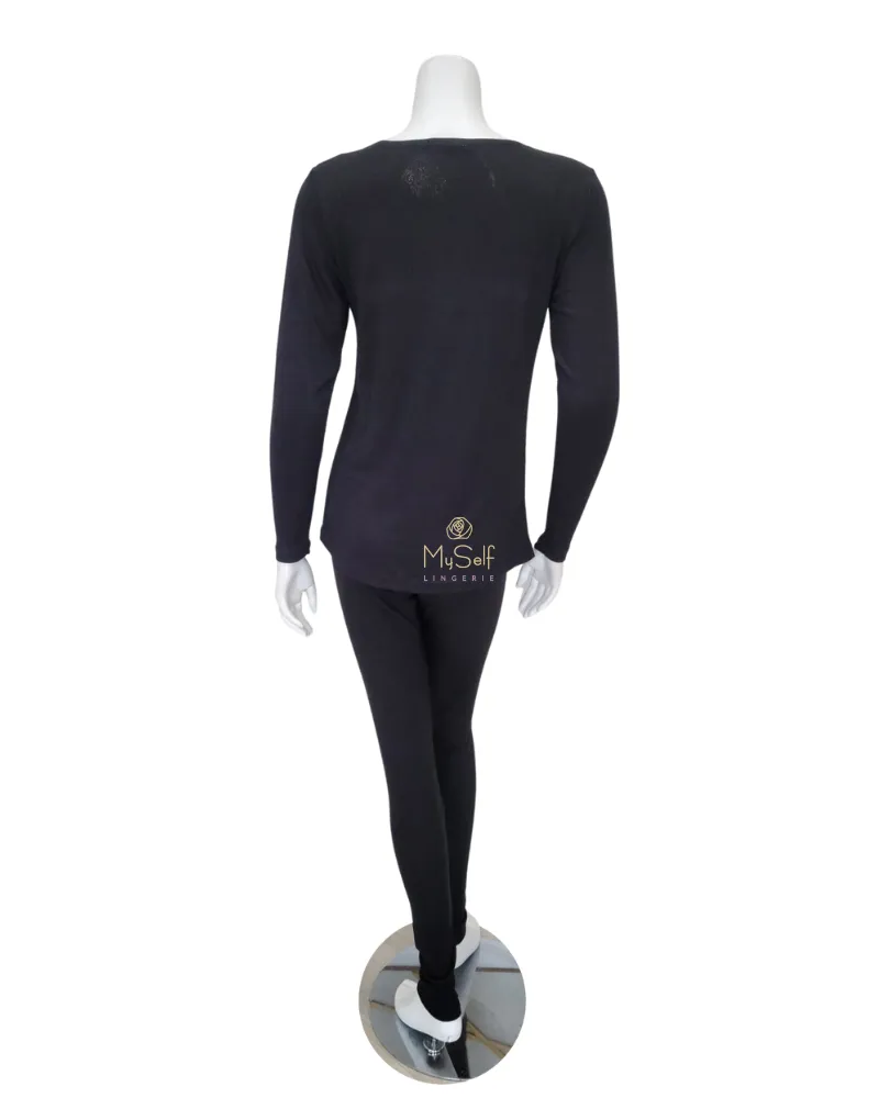 PJ-MDLRB-BLK Black Ribbed V Neck Lace Modal Pajamas Set