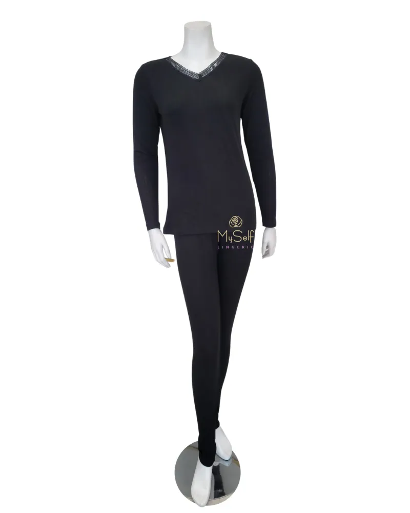 PJ-MDLRB-BLK Black Ribbed V Neck Lace Modal Pajamas Set