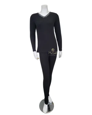 PJ-MDLRB-BLK Black Ribbed V Neck Lace Modal Pajamas Set