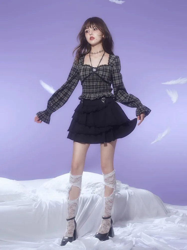Plaid Halter Neck Puff Sleeve Tops【s0000003826】