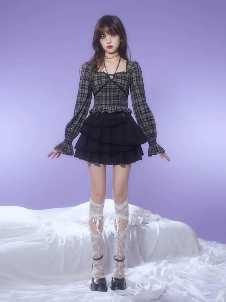 Plaid Halter Neck Puff Sleeve Tops【s0000003826】
