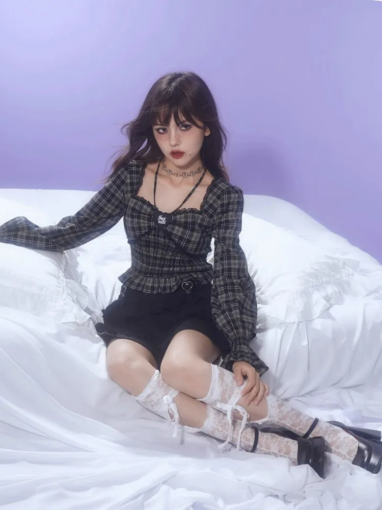 Plaid Halter Neck Puff Sleeve Tops【s0000003826】