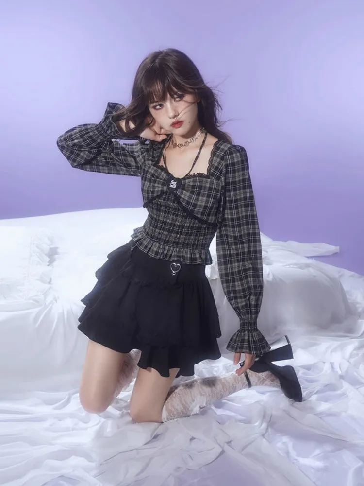 Plaid Halter Neck Puff Sleeve Tops【s0000003826】