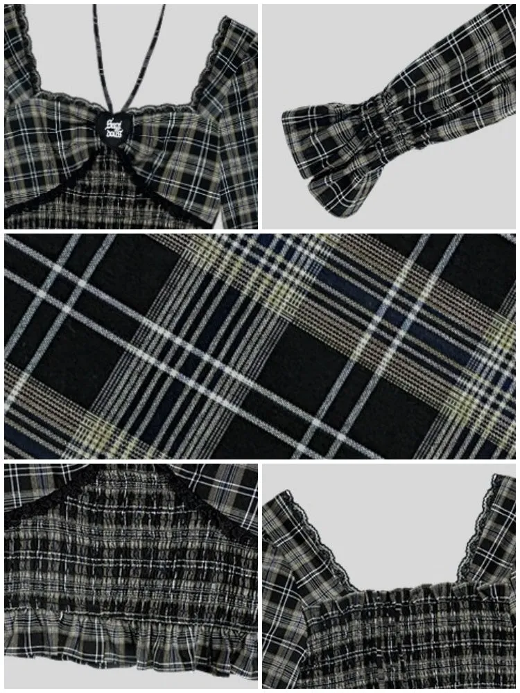 Plaid Halter Neck Puff Sleeve Tops【s0000003826】