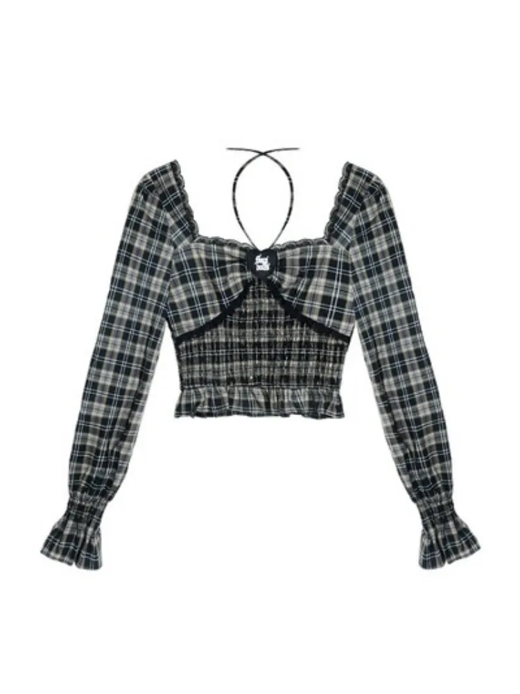 Plaid Halter Neck Puff Sleeve Tops【s0000003826】