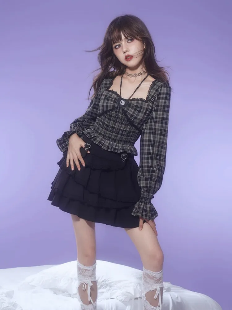 Plaid Halter Neck Puff Sleeve Tops【s0000003826】