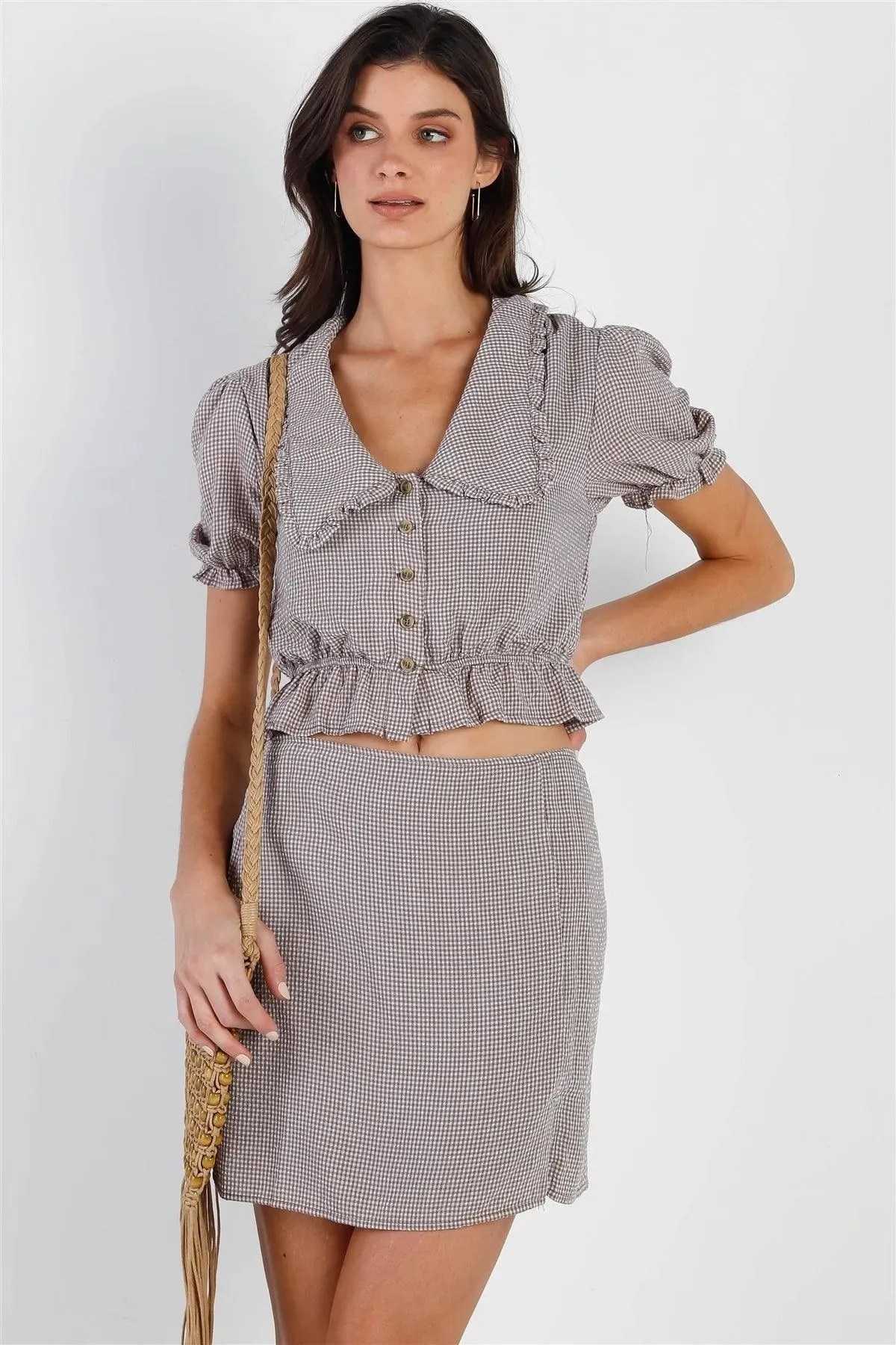 Plaid Textured Collared Puff Sleeve Top & Mini Skirt Set