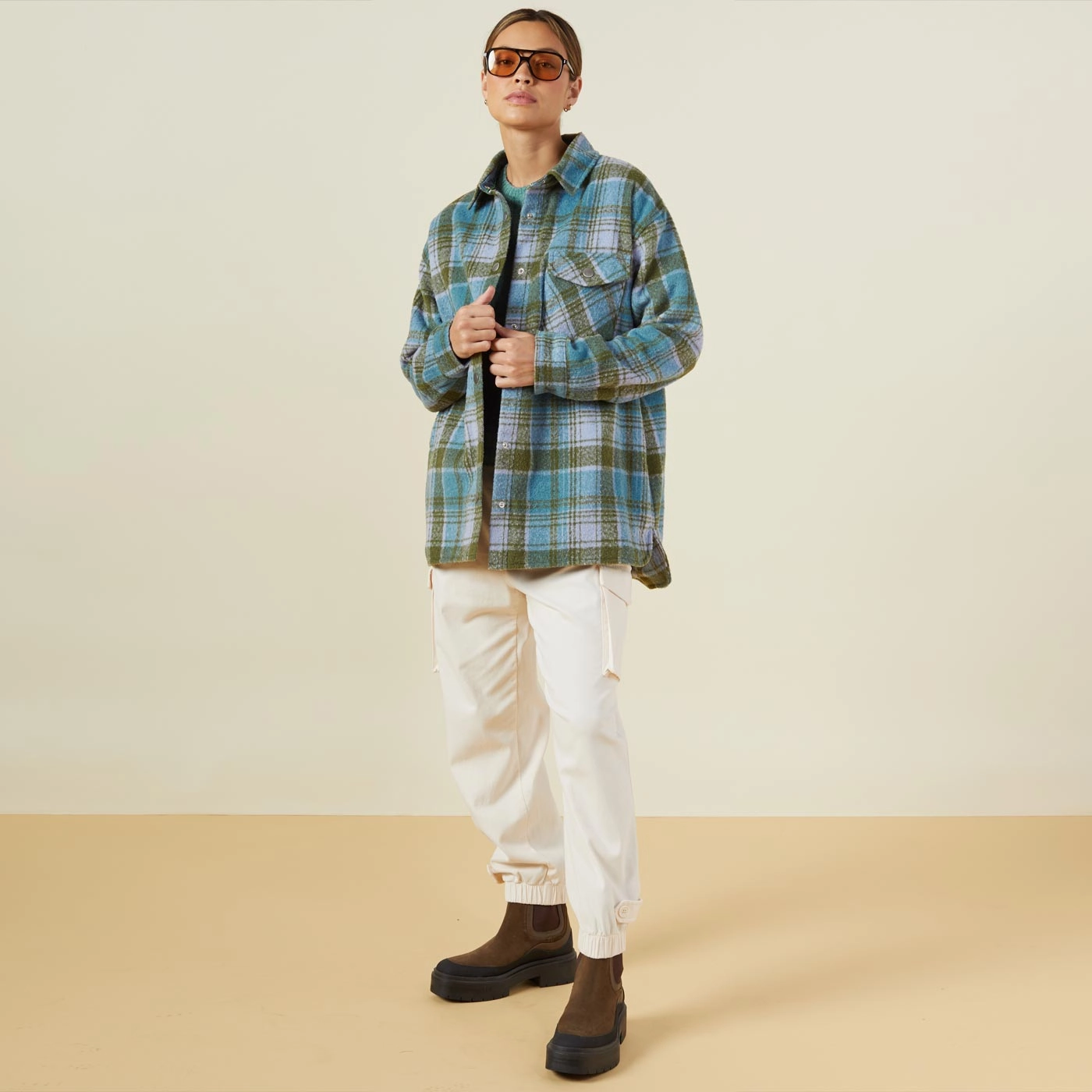 Plaid Shacket Bonded Seam Technique EcoFriendly Manufacturing