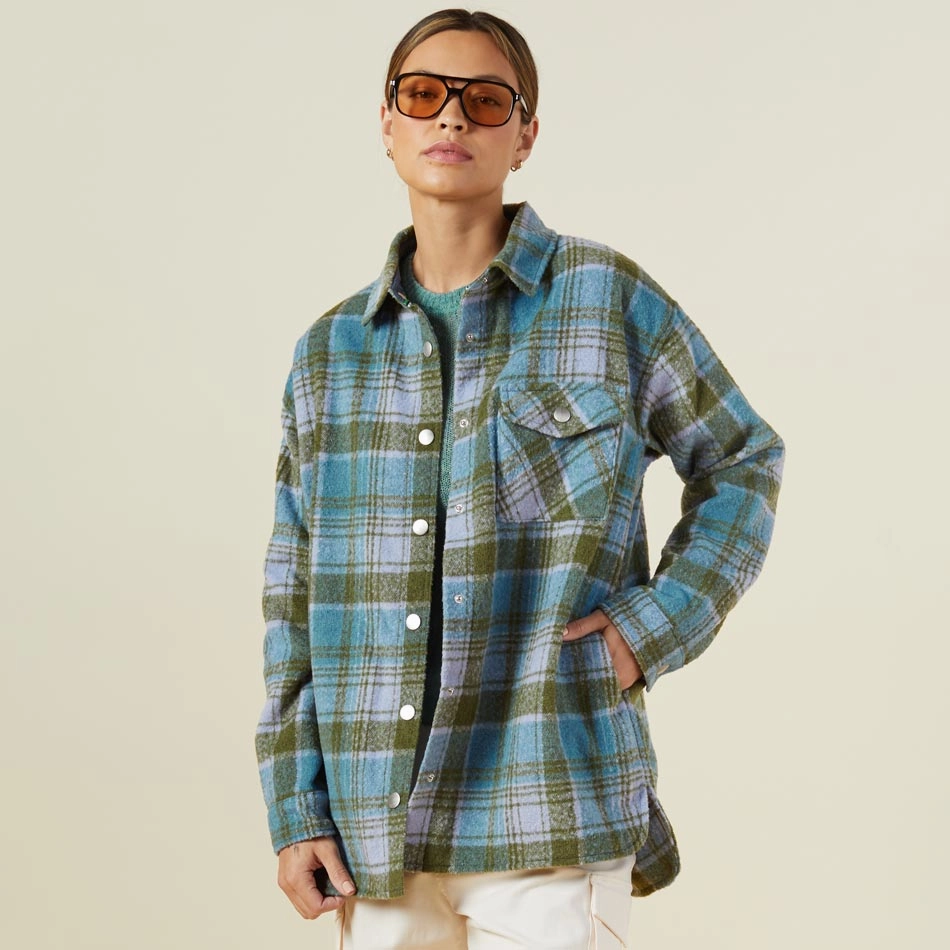 Plaid Shacket Non Chafing Side Seams Wind Resistant Fabric
