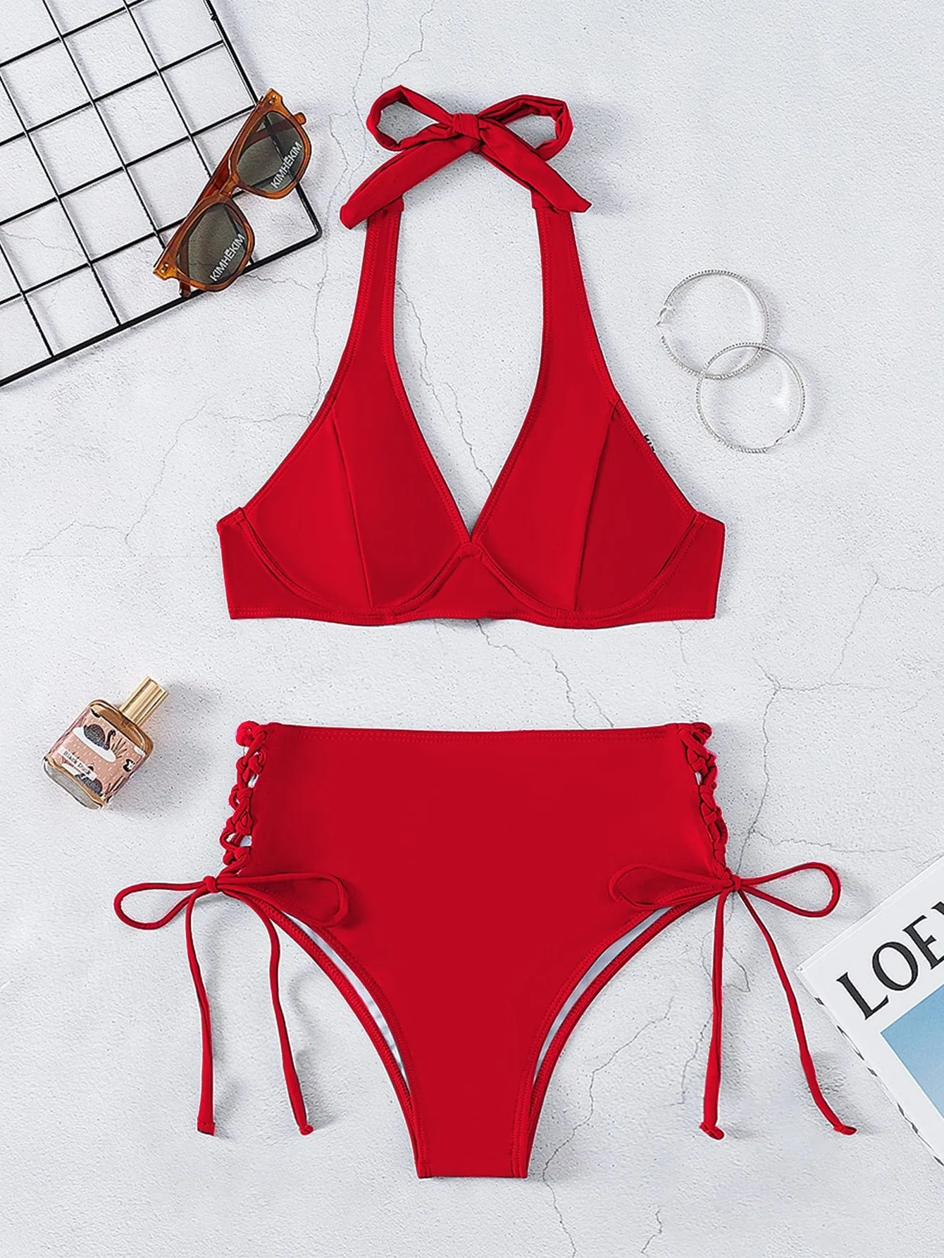 Plain Halter Push Up High Waisted Bikini Swimsuit