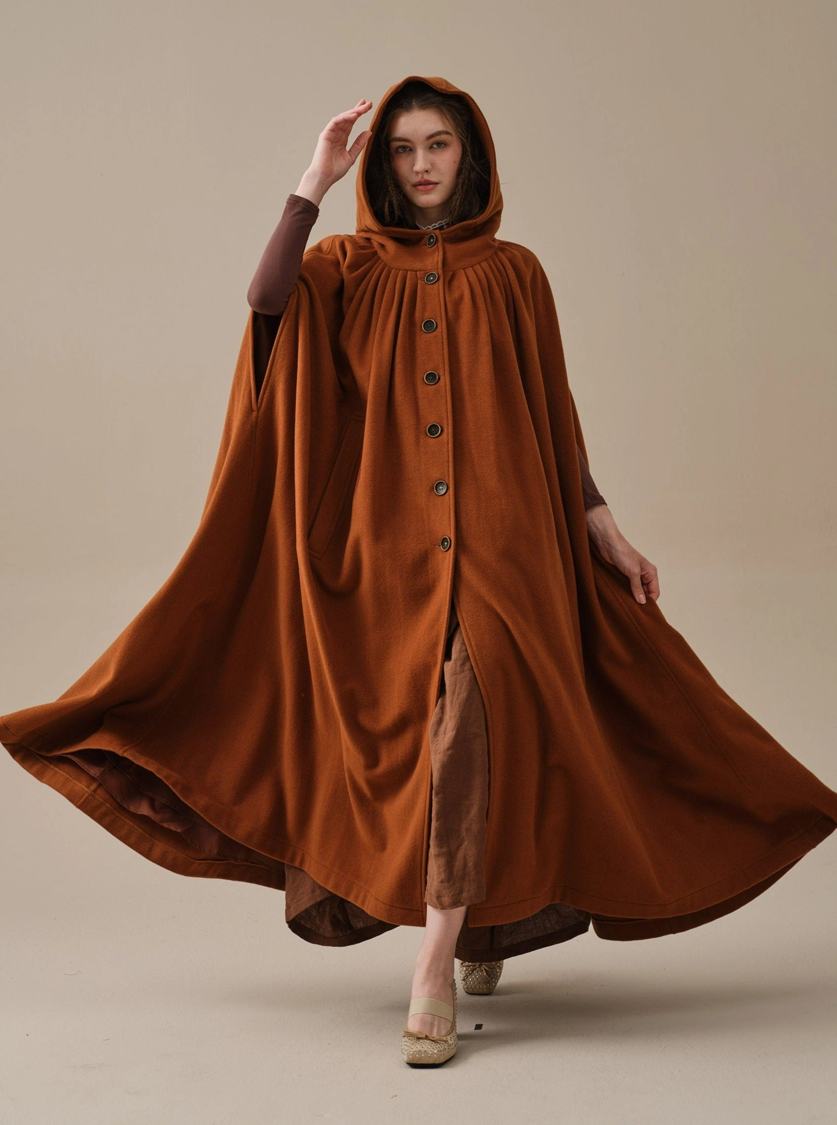 Clean Finish Minimalist Waist ARIEL 14 | HOODED WOOL CLOAK COAT