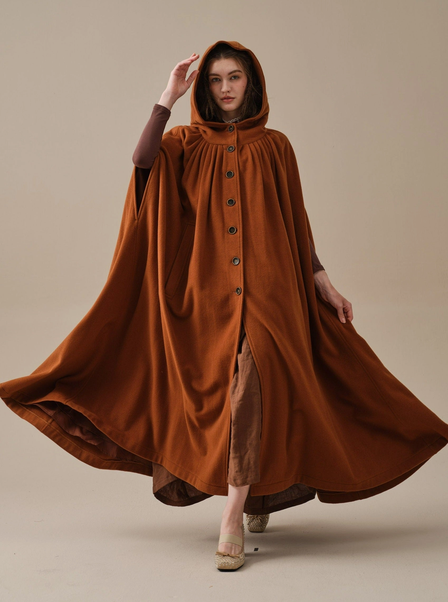 ARIEL 14 | HOODED WOOL CLOAK COAT slim fit