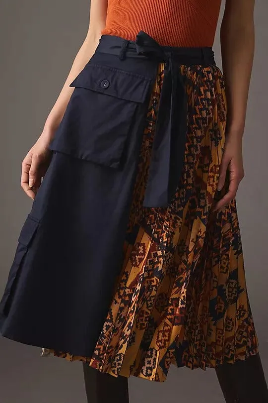 Satin feel Relaxed Mood Pleated Cargo Midi Skirt