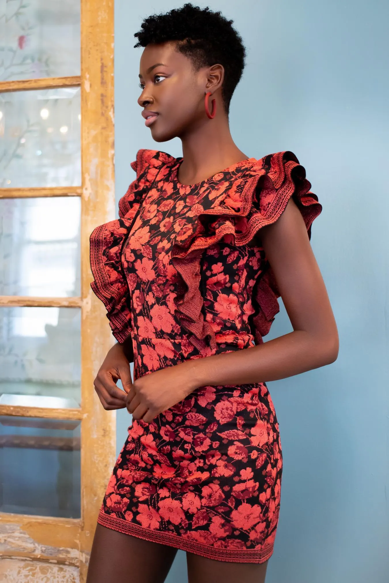 Work Friendly Dark Tones Ruffled Mini Sweater Dress