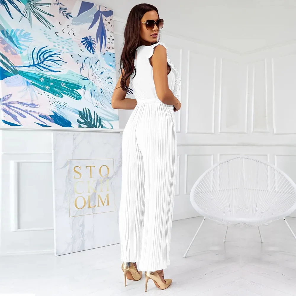 Pleated Sleeveless V Neck Ruffle Hem Wholesale Jumpsuits For Women
