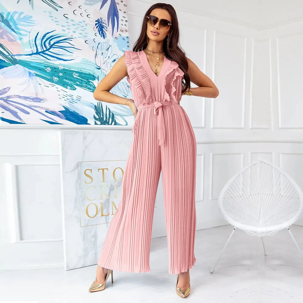 Pleated Sleeveless V Neck Ruffle Hem Wholesale Jumpsuits For Women