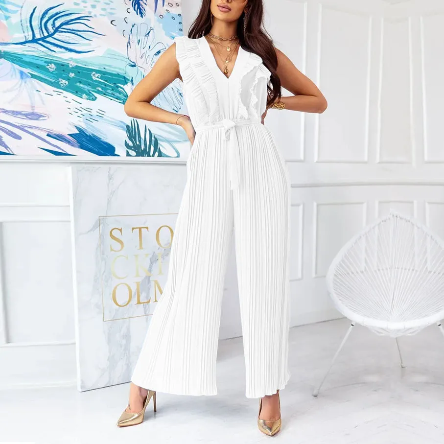 Pleated Sleeveless V Neck Ruffle Hem Wholesale Jumpsuits For Women