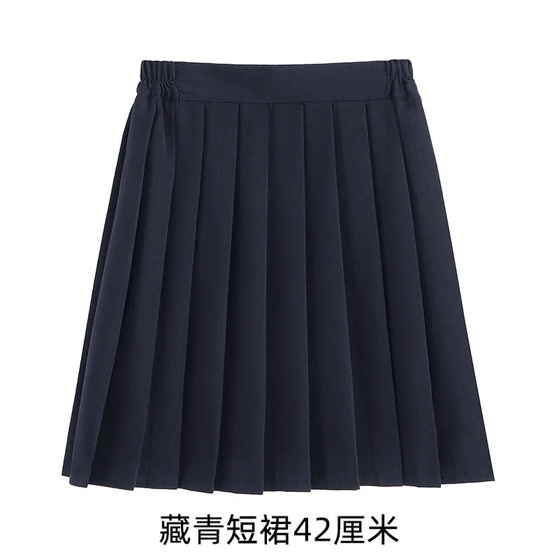 Pleated Women Summer Black Skirt Uniform Solid Colored Japanese Plus Size A-Line Skirt