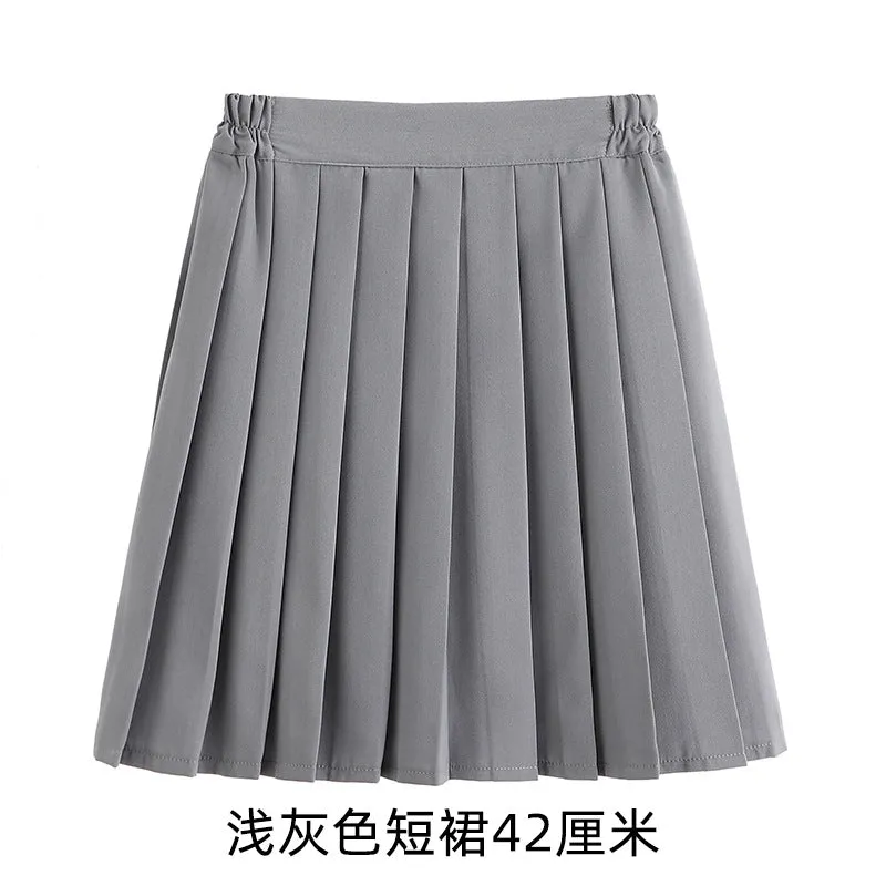 Pleated Women Summer Black Skirt Uniform Solid Colored Japanese Plus Size A-Line Skirt