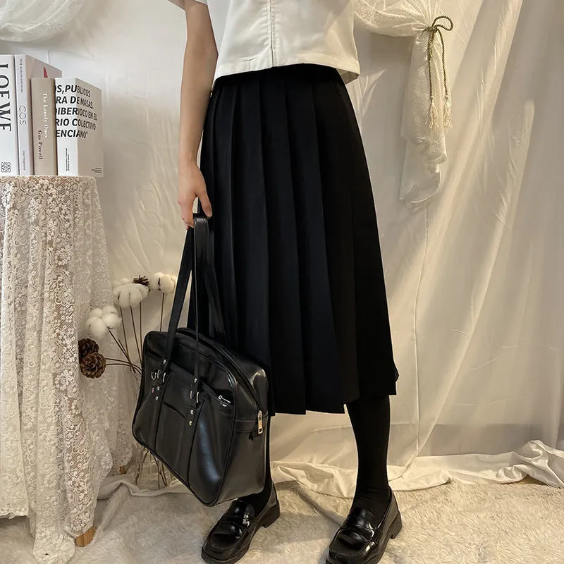 Pleated Women Summer Black Skirt Uniform Solid Colored Japanese Plus Size A-Line Skirt