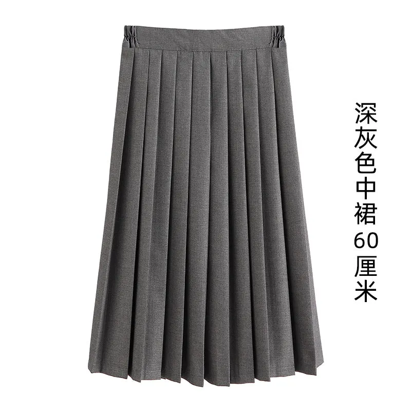 Pleated Women Summer Black Skirt Uniform Solid Colored Japanese Plus Size A-Line Skirt
