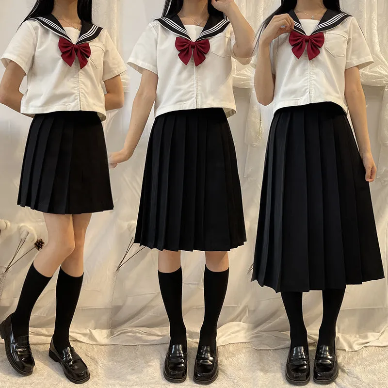 Pleated Women Summer Black Skirt Uniform Solid Colored Japanese Plus Size A-Line Skirt