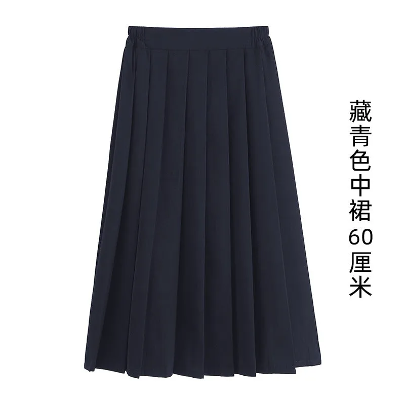 Pleated Women Summer Black Skirt Uniform Solid Colored Japanese Plus Size A-Line Skirt