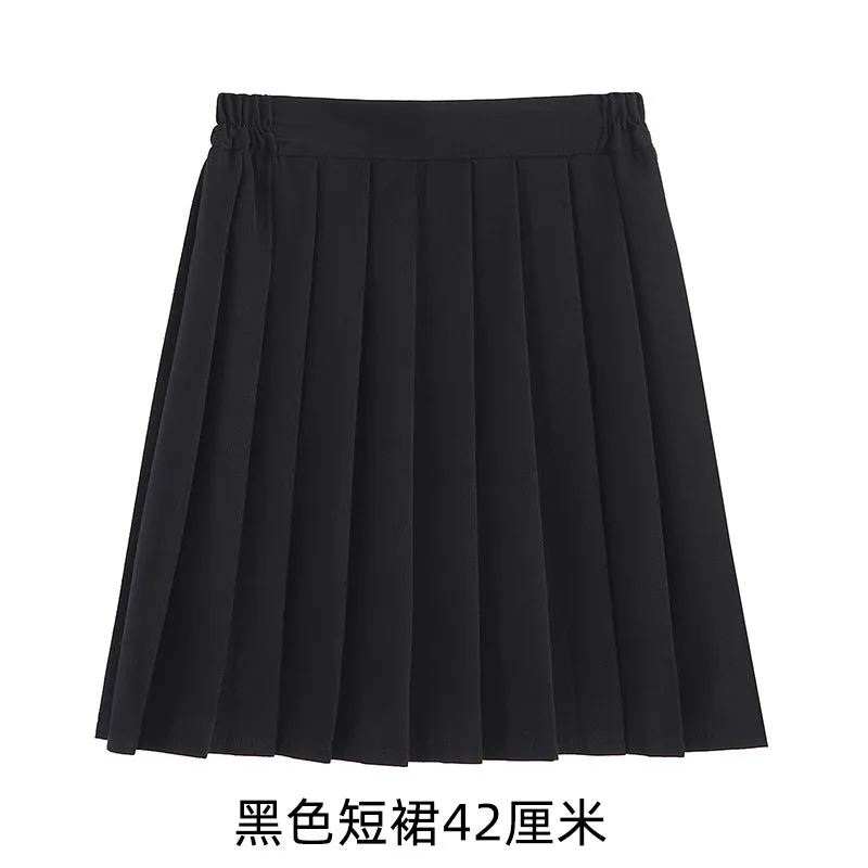 Pleated Women Summer Black Skirt Uniform Solid Colored Japanese Plus Size A-Line Skirt