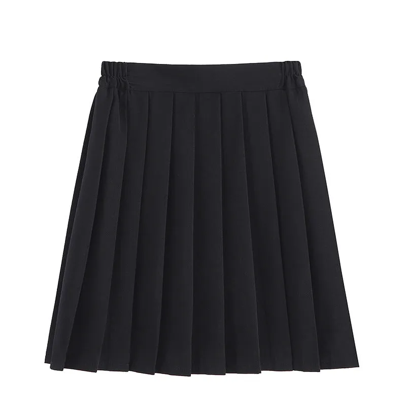 Pleated Women Summer Black Skirt Uniform Solid Colored Japanese Plus Size A-Line Skirt