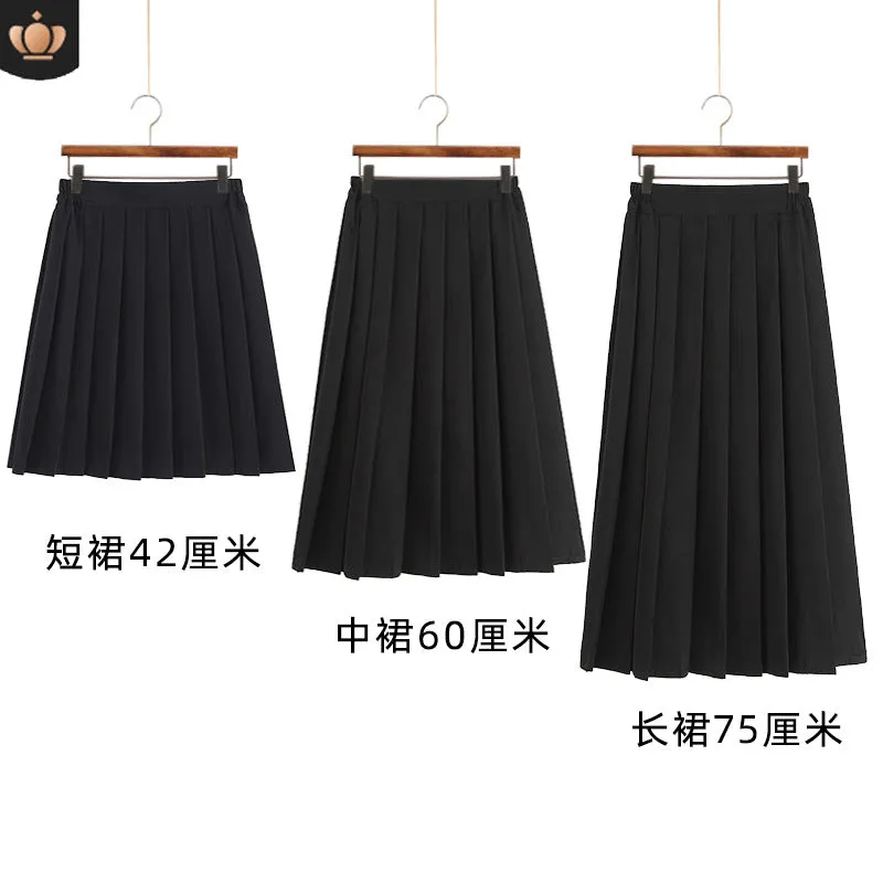 Pleated Women Summer Black Skirt Uniform Solid Colored Japanese Plus Size A-Line Skirt