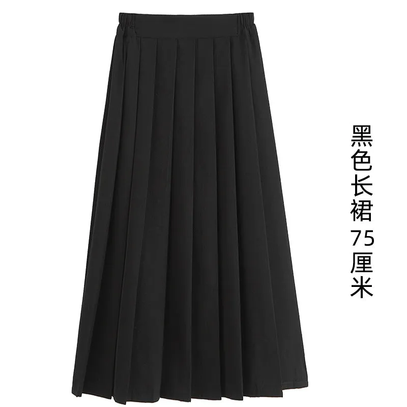 Pleated Women Summer Black Skirt Uniform Solid Colored Japanese Plus Size A-Line Skirt