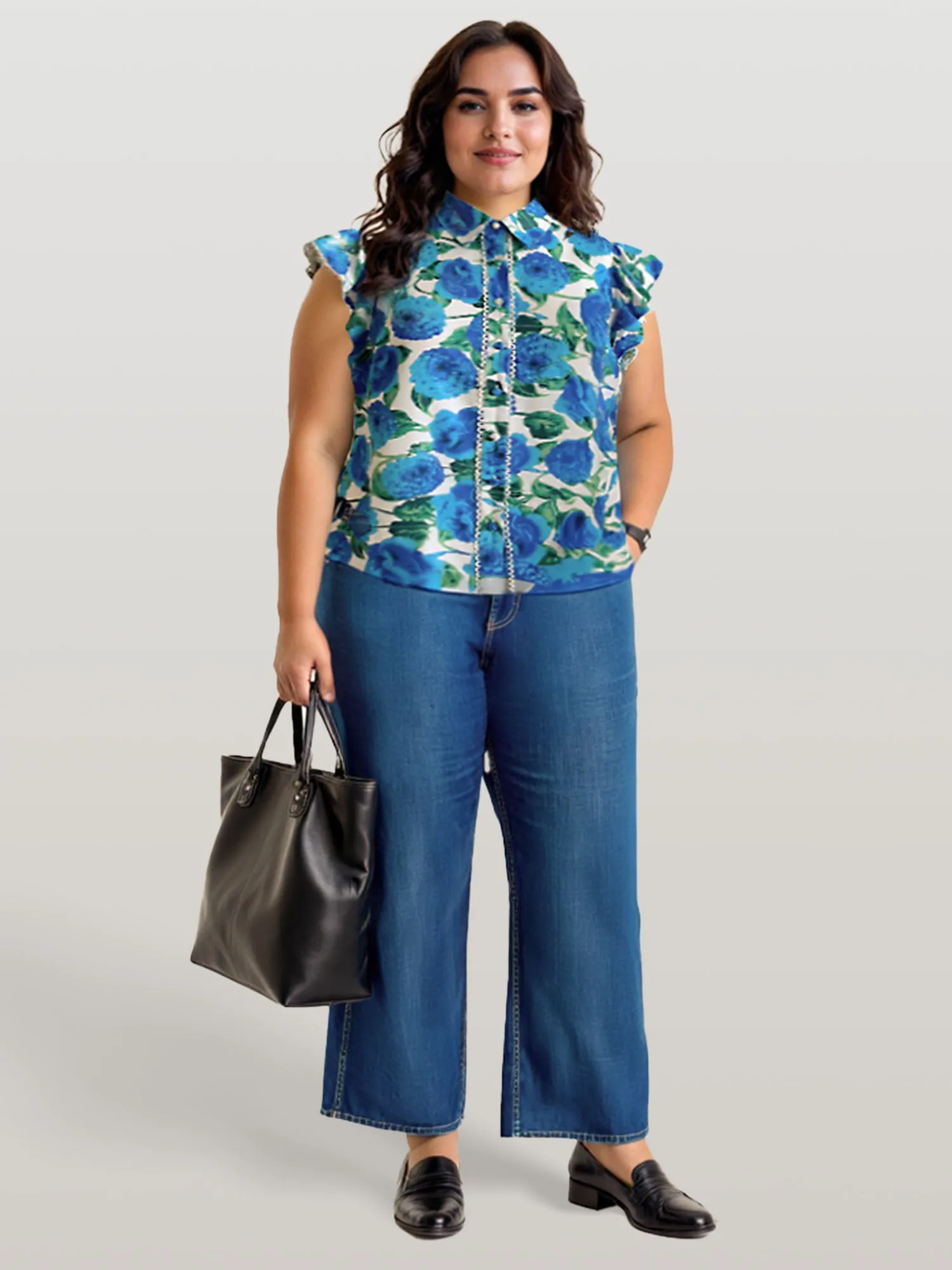 Plus Floral Button-Down Shirt with Flutter Sleeves
