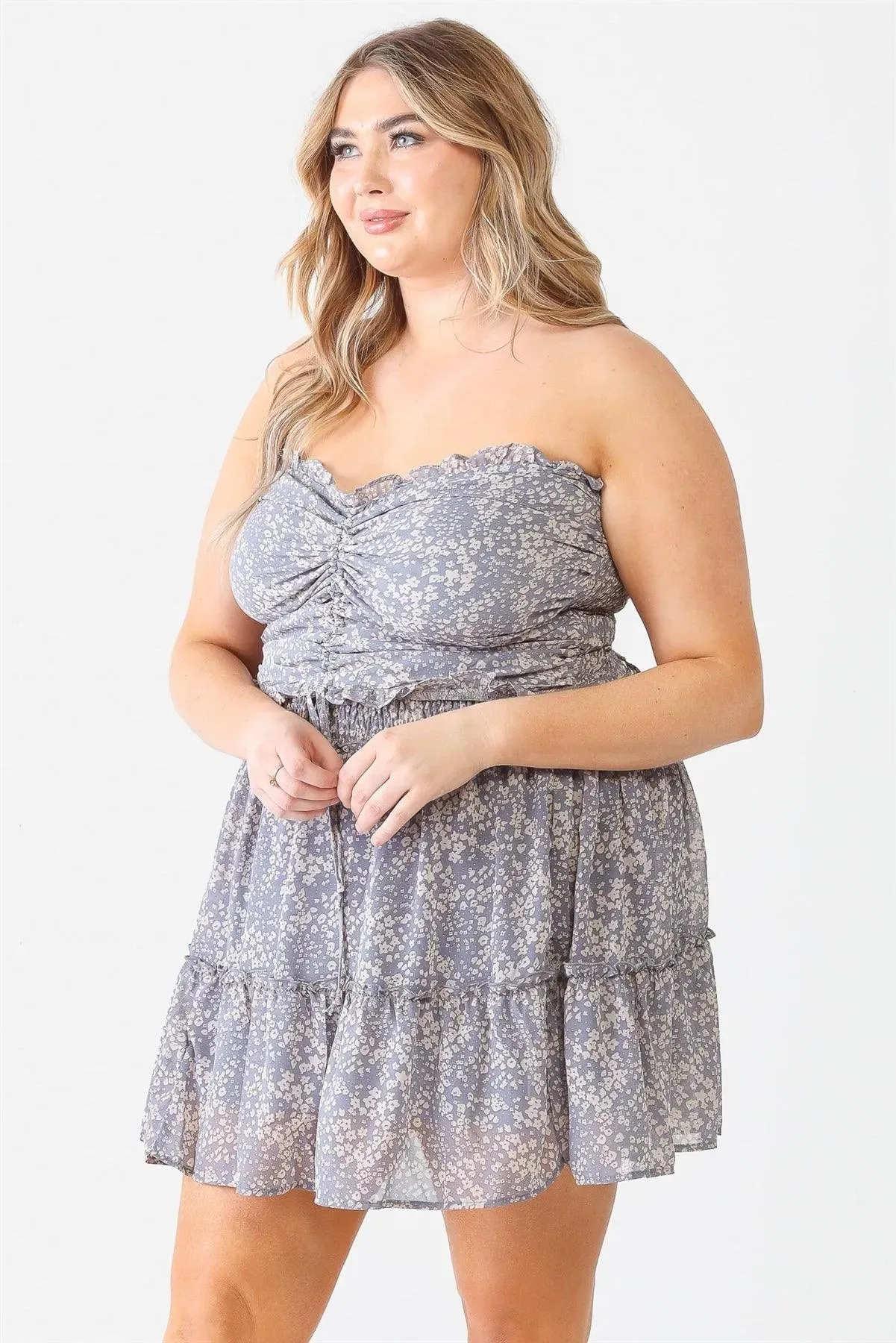 Plus Size Floral Ruffle Smocked Top Flare Skirt Set