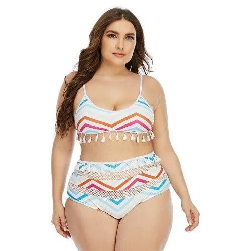 Plus Size High Waist Tassel Push Up Bikini Set