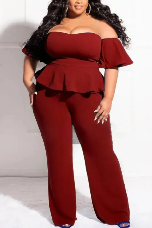 Plus Size Off-The-Shoulder Ruffle Zip-up Jumpsuit