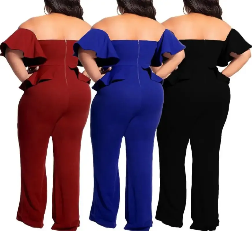 Plus Size Off-The-Shoulder Ruffle Zip-up Jumpsuit