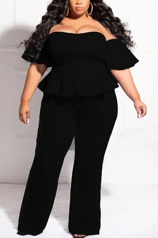 Plus Size Off-The-Shoulder Ruffle Zip-up Jumpsuit