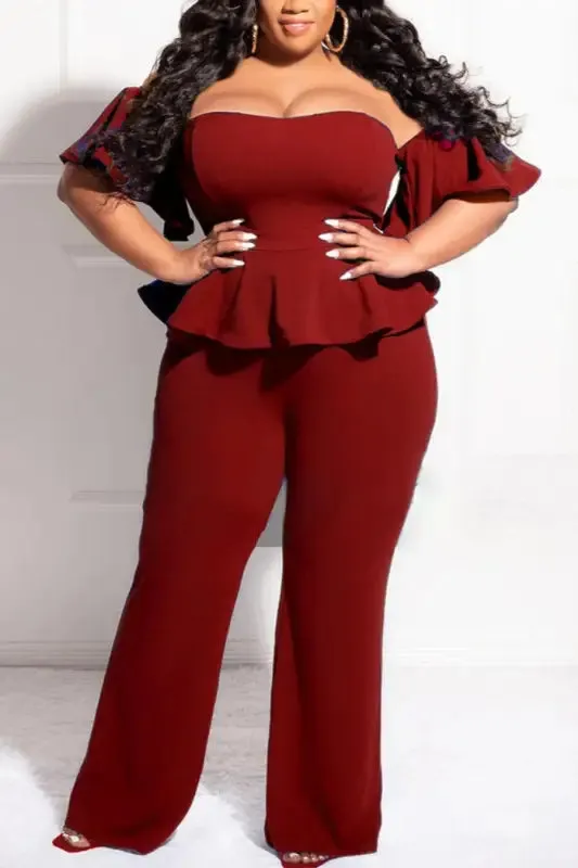 Plus Size Off-The-Shoulder Ruffle Zip-up Jumpsuit